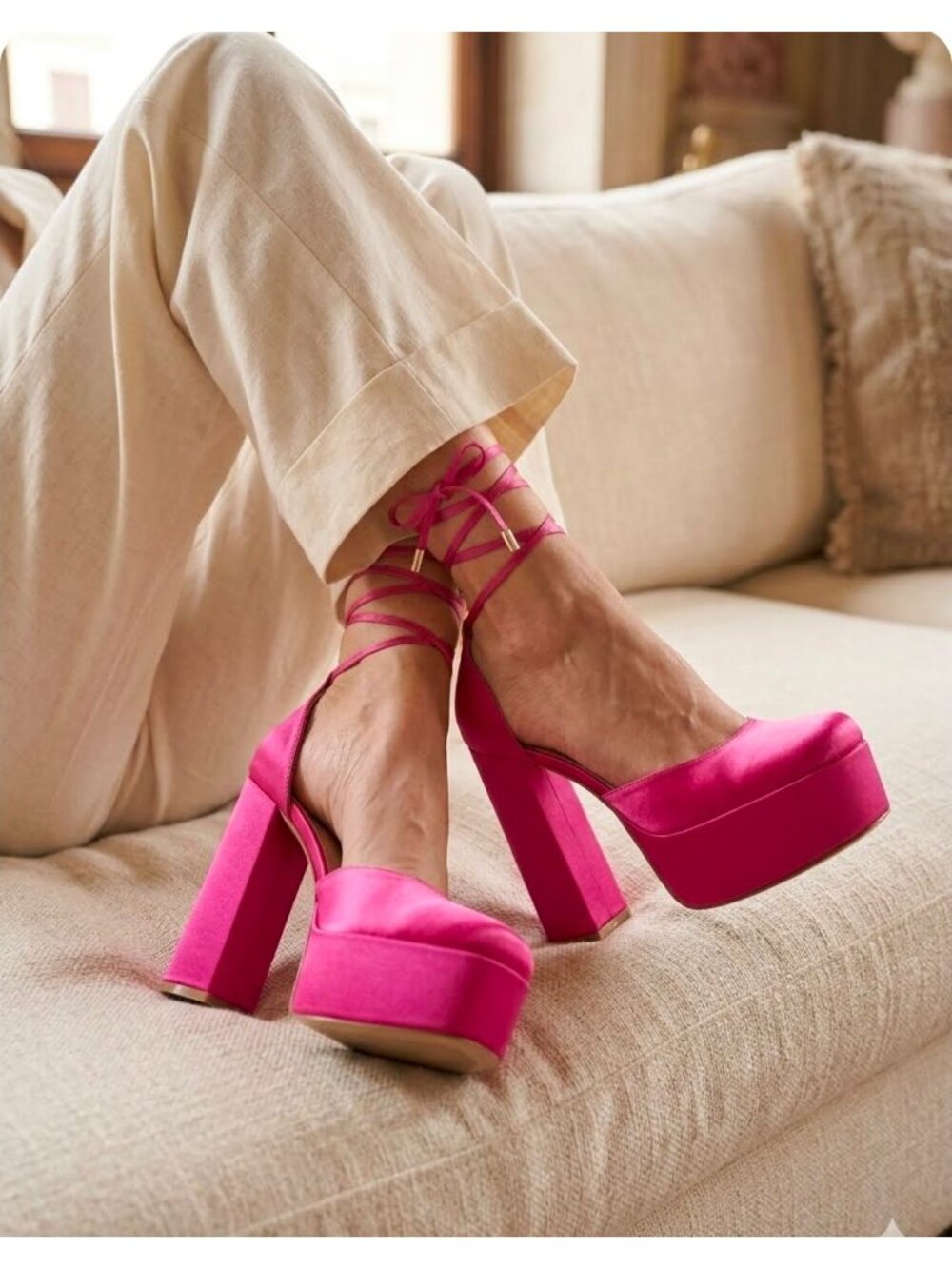 Hot Pink Block Heel Satin Platform Pumps With Ankle Straps - Womens Shoes